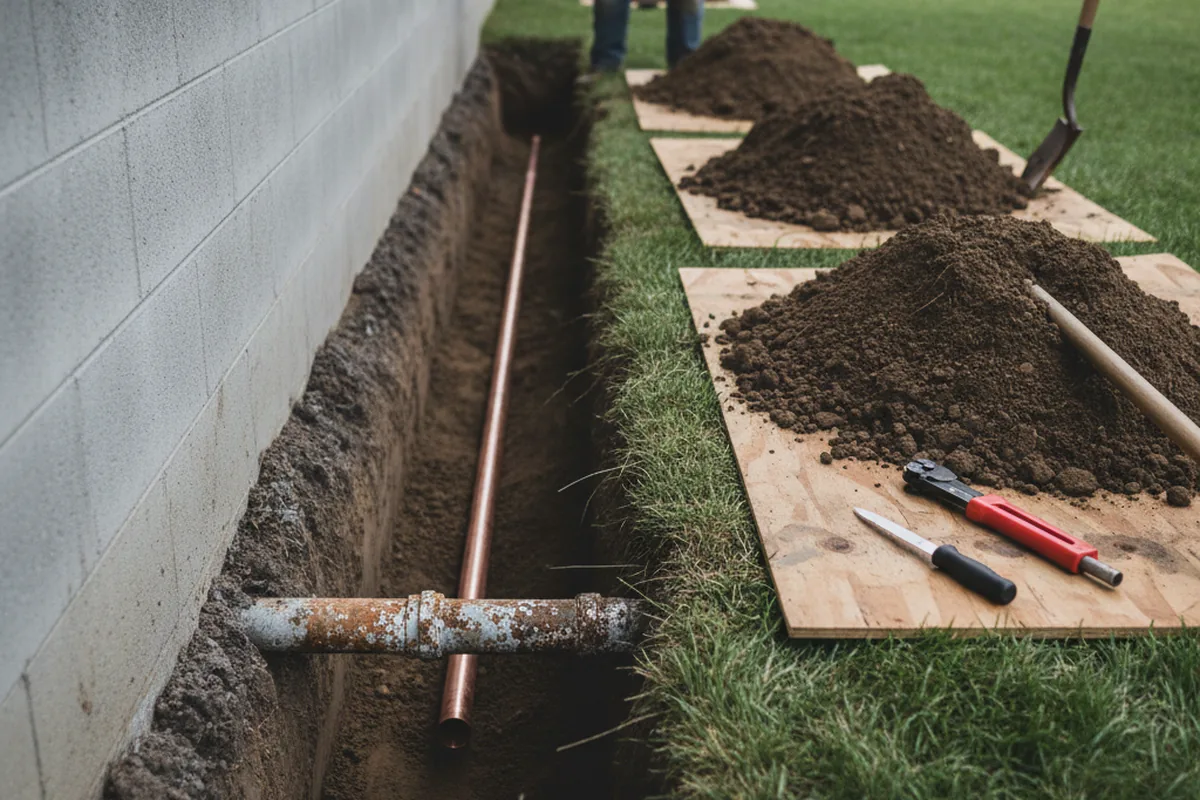 Excavated water line trench during Water Heater Repair in Eleroy